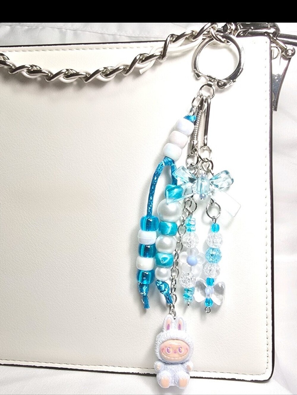 New Pastel Blue Labubu Multi Strand Mixed Beaded Bag Charm Key Holder Keychain